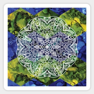 Mandala with Blue and Green Ink Painting Sticker